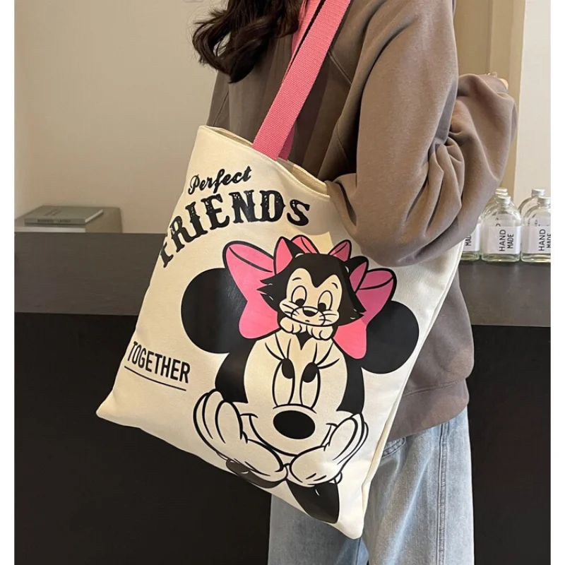 Sacola Disney grande capacidade para mulheres, carta kawaii Mickey Mouse, bolsa de ombro para meninas, bolsa de desenho animado