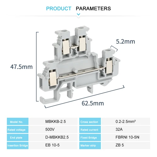 Imagen 2 del producto Bloque de terminales de carril Din de doble nivel con tornillo de MBKKB-2.5, conector de cable de 2,5 mm2, enchufe de alimentación Universal de 2 capas MBKKB2.5, 10 Uds.