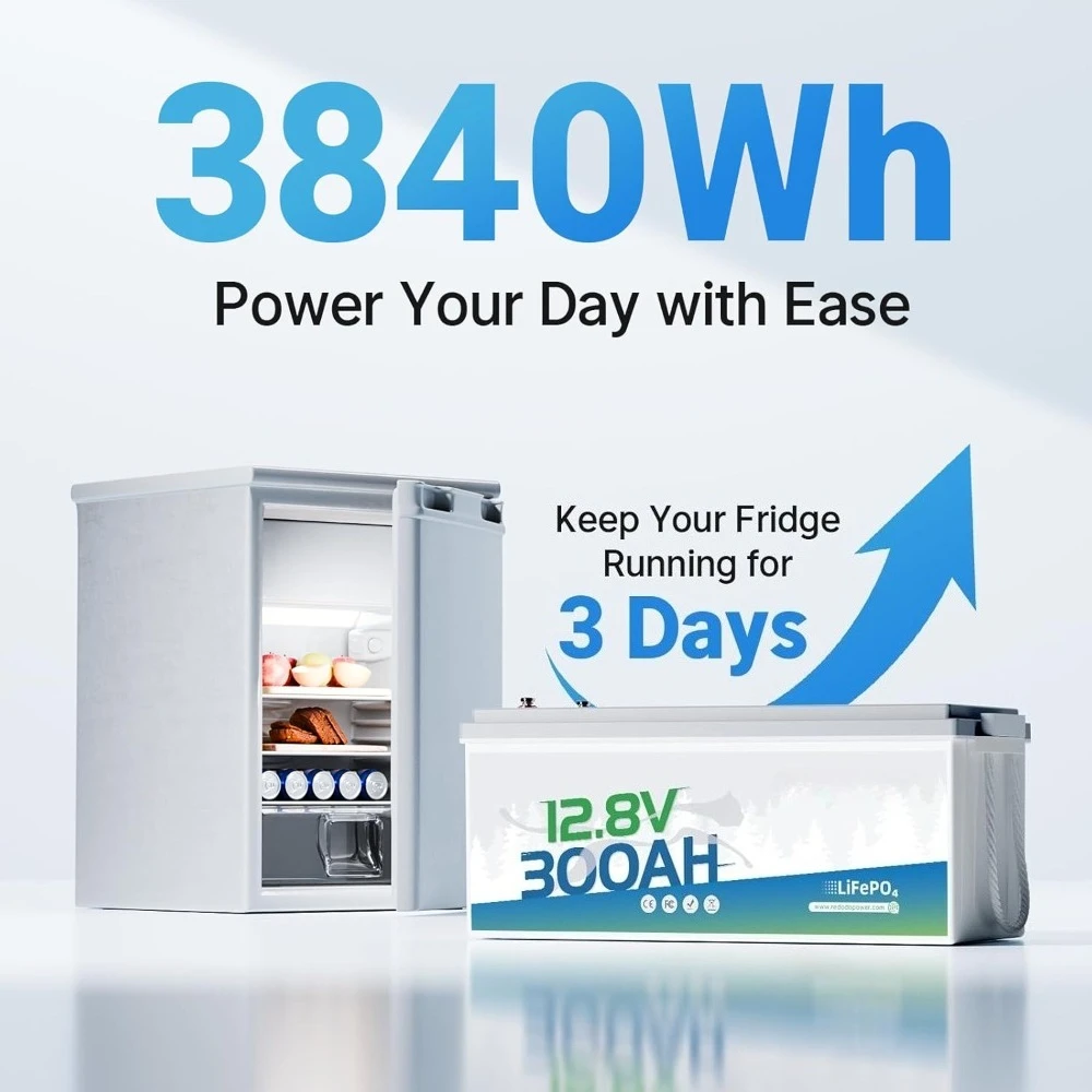 12V 300Ah LiFePO4 배터리, 3840Wh 리튬 배터리, 200A BMS, 10년 수명, 최대 15000회 딥 사이클, 백업 전원