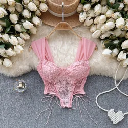 Sexy Lace Mesh Bandage Tube Top Chic Strapless Camis Slim Korean Tanks Top Elegant Basic Crop Top Autumn Women Bustier