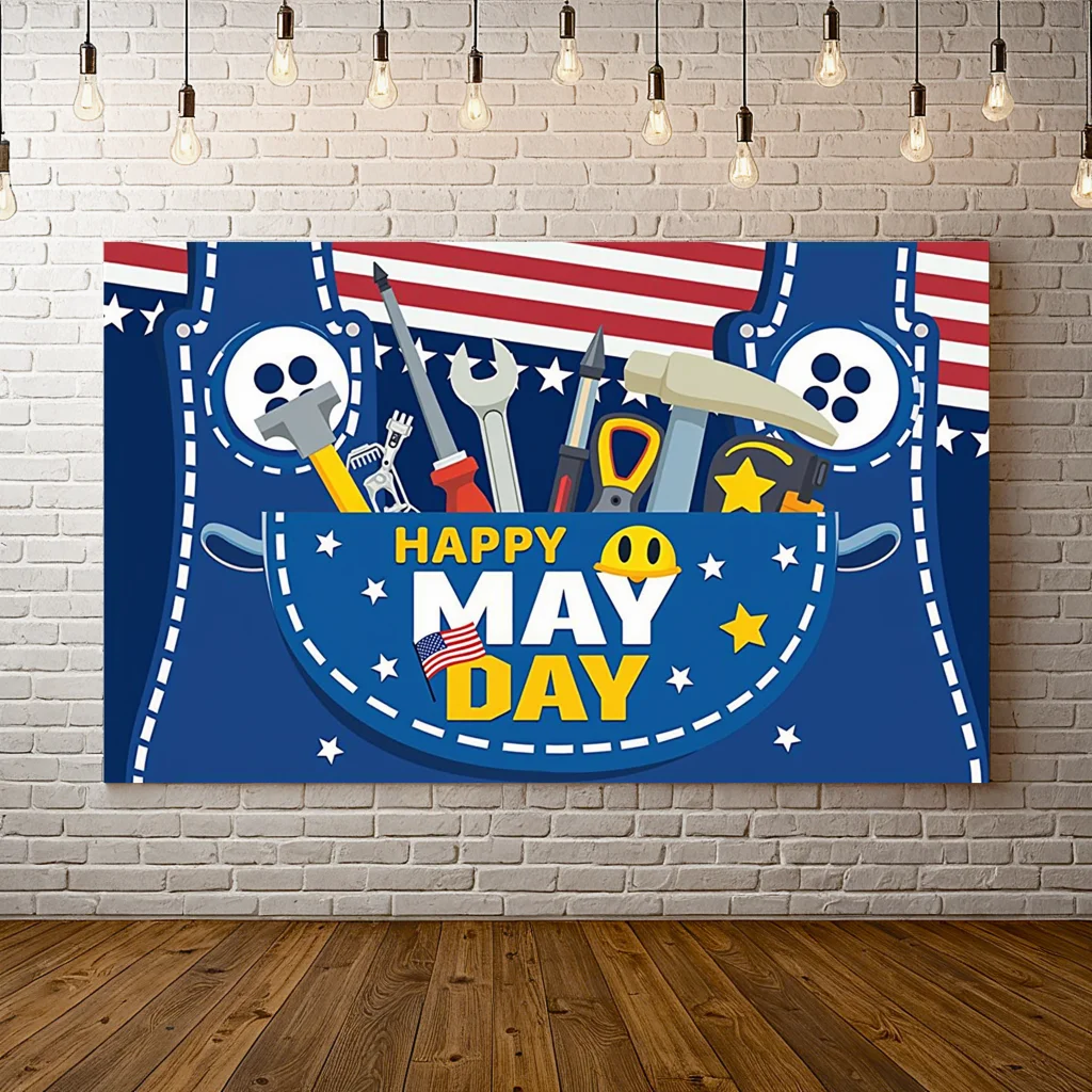 لافتة يوم العمال بخلفية زرقاء، لافتة يوم سعيد، لافتة احتفال بالولايات المتحدة الأمريكية لحدث حفلات الاحتفال بعيد العمال