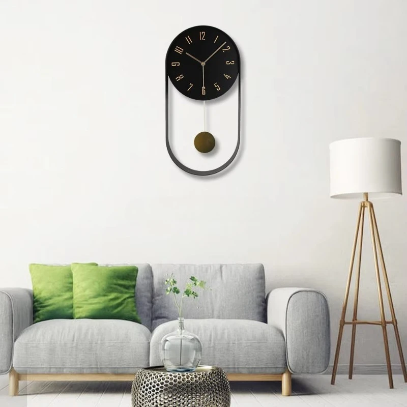 

Metal oval wall clock unique design pendulum decorative clock home living room decoration