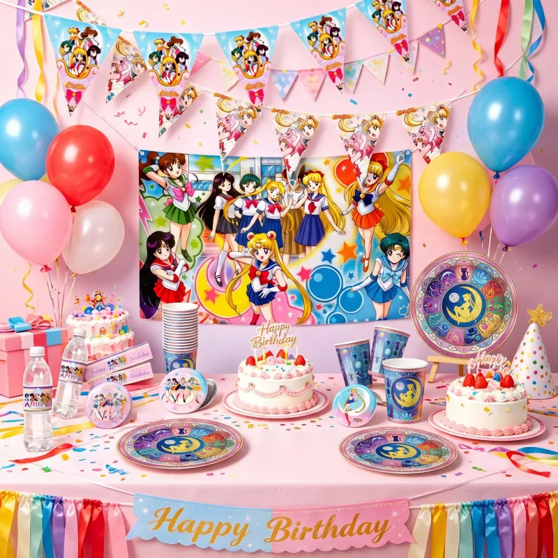 Sailor Moon Themenparty-Dekorationen: Einweggeschirr, Tassen, Teller, Flaggen, Strohhalme, Banner, Kuchen, Geburtstag, Feiertagsparty-Zubehör