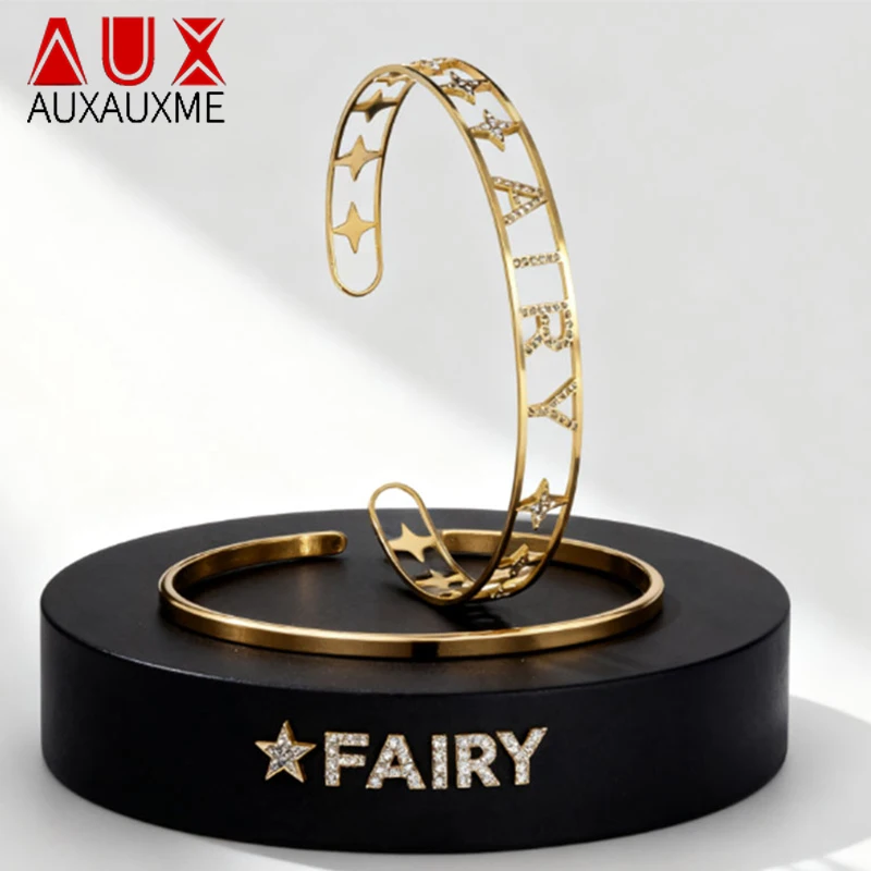 

Auxauxme Custom Name Hollow Bangle Women Men Stainless Steel Personalized Star Zirco Adjustable Open Bracelet Party Jewelry Gift