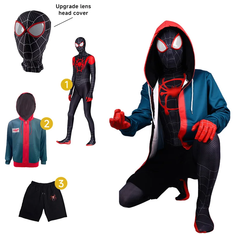 Ensemble 3 pièces : Manteau, Combinaison, Short Miles Morales Spider-Man – Costumes de Cosplay Fantaisie pour Adulte, Combinaison de Fête Grande Taille