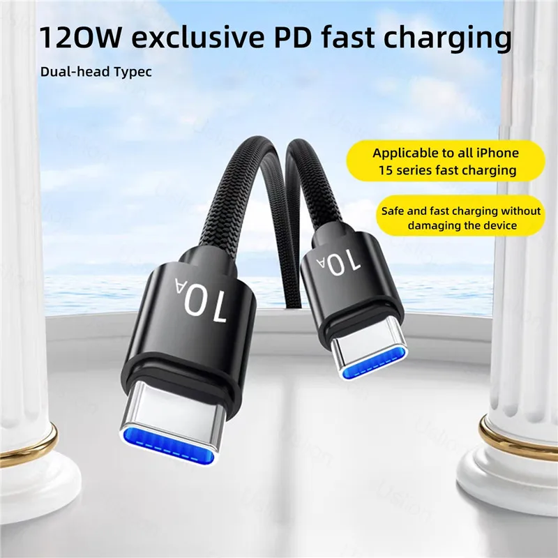 Universal 120W 10A Fast Charger PD Dual USB C To Type C Quick Charging Cable High-speed Data Transfer Wire Cord For Samsung Mi