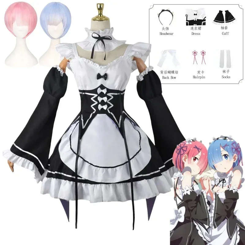 Siis 2233Rem Re0 Re:zero Kara Hajimeru Isekai Seikatsu Rem Ram disfraces Cosplay Kawaii vestidos negros mucama Hallo
