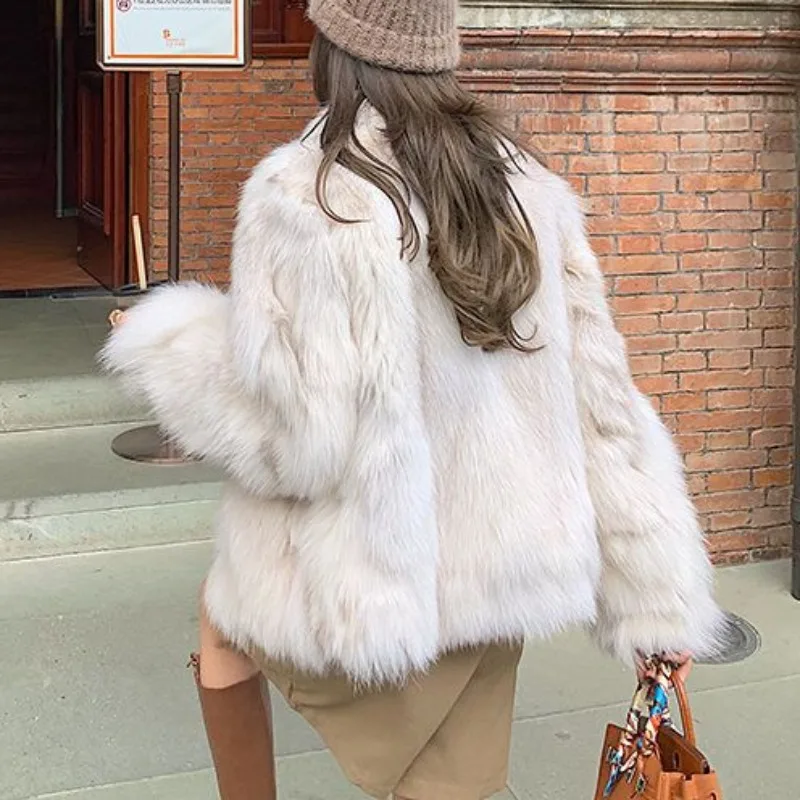 2023 Autumn Winter New Women Imitation Fox Fur Fur Coat Loose Stand Collar Short Outwear Temperament Keep Warm Casual Outcoat