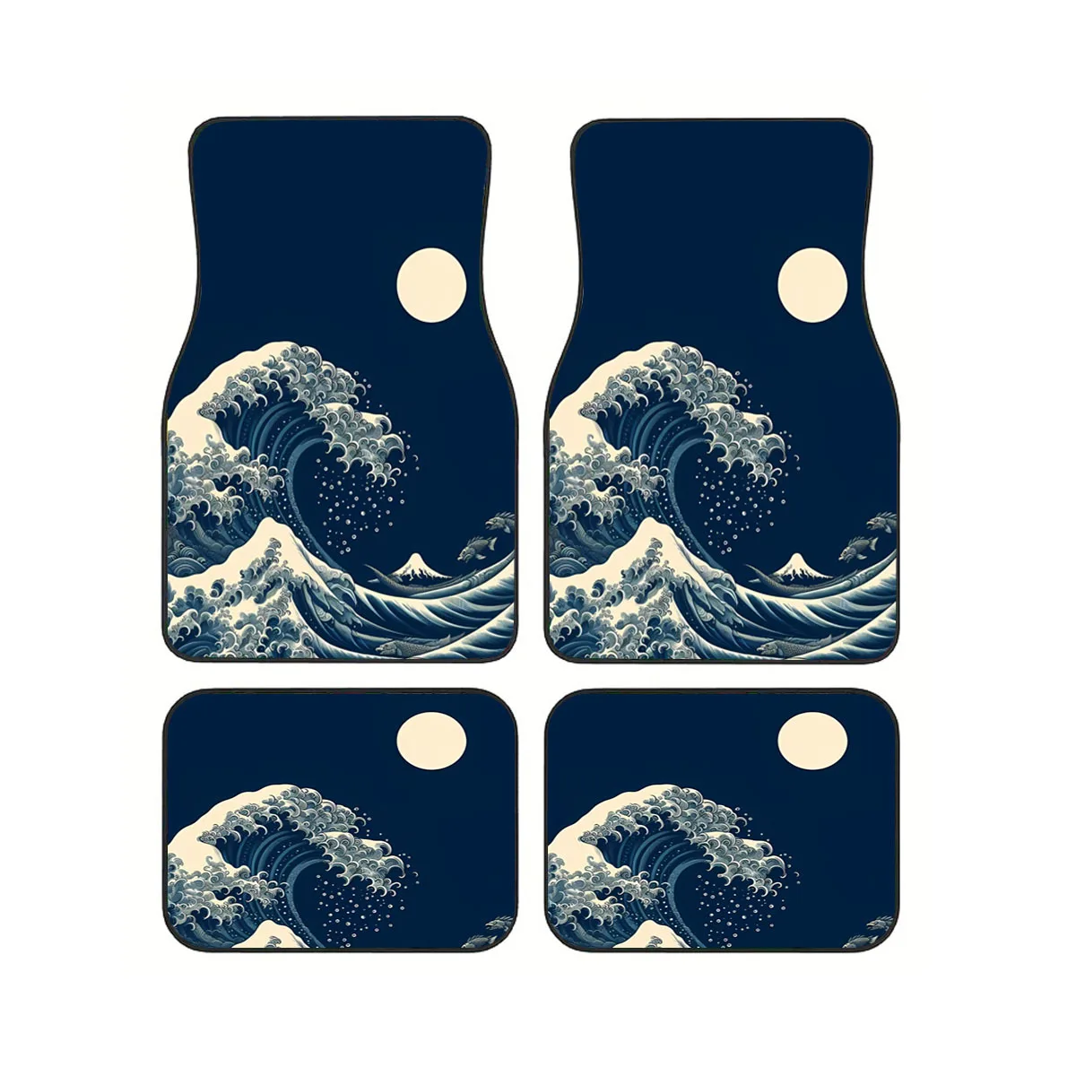 Set Of 4 Japanese Wave Design All-Weather Floor Mats - Suitable For Cars, Trucks, And Suvs - Durable And Easy To Clean Vehicle F