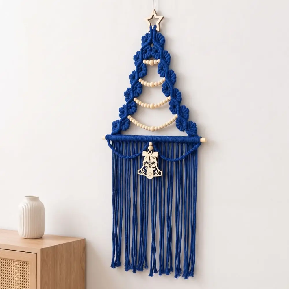 Wood Beads Christmas Tree Macrame Tapestry Aesthetic Art Wall Hanging Pendant Decorative Woven Xmas Wall Decor Holiday Wall Art