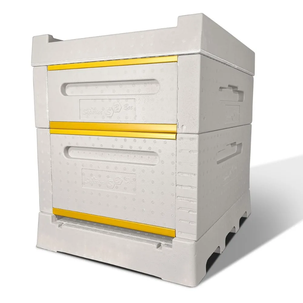 

Polystyrene Beehive Kit – R8 Insulated Design, Includes 10 Deep & 10 Medium Frames with Wax-Coated Foundations, Durable