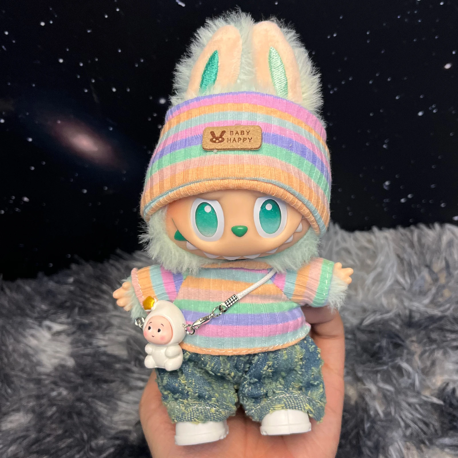 ラブブー服第1～3世代用、静かな緑のブドウ柄フルセット、帽子、パンツ、靴、ヘッドホン、チャーム、アクセサリー付きコンプリート衣装