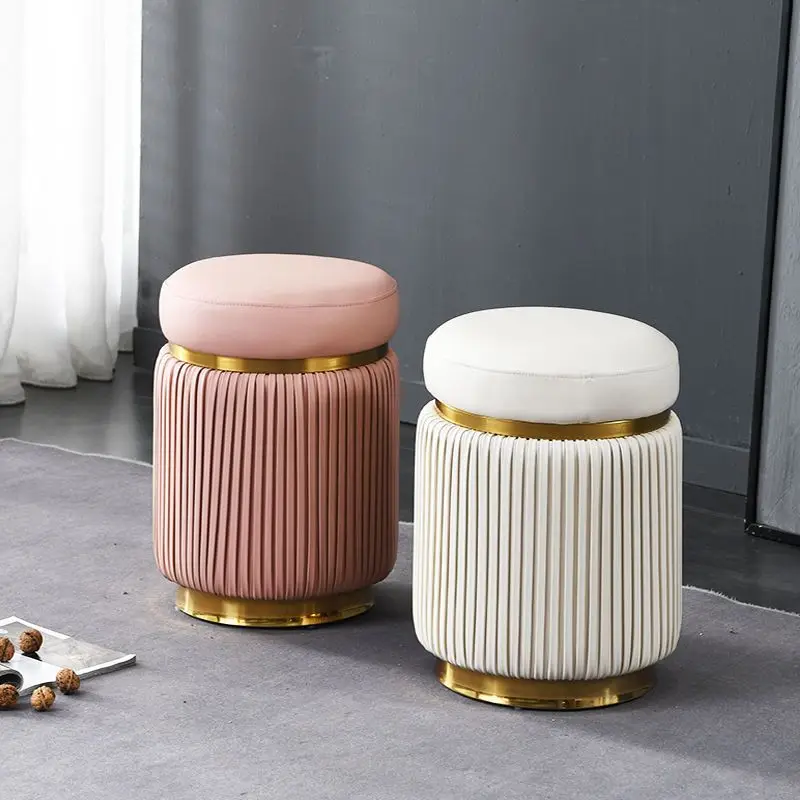 Round Small Stools Light Luxury Dressing Stool Bedroom Makeup Stool Small Spartment Leather Shoe Changing Stool Ottoman Pouf