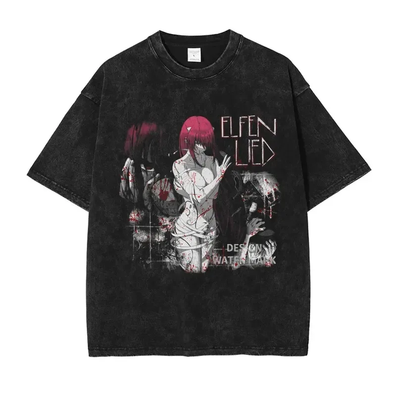 Camiseta japonesa de Anime Elfen Lied, camiseta Vintage lavada Y2K Manga de gran tamaño, producto novedoso Unisex, camiseta Vintage lavada suave de alta calidad