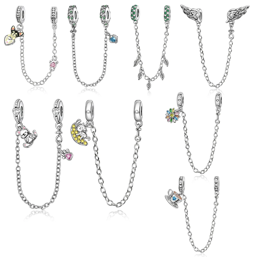 

Designer Edition 925 Sterling Silver Feather&Animal&Flower&Coffee Cup Safety Chain Fit Brand Bracelet DIY Jewelry