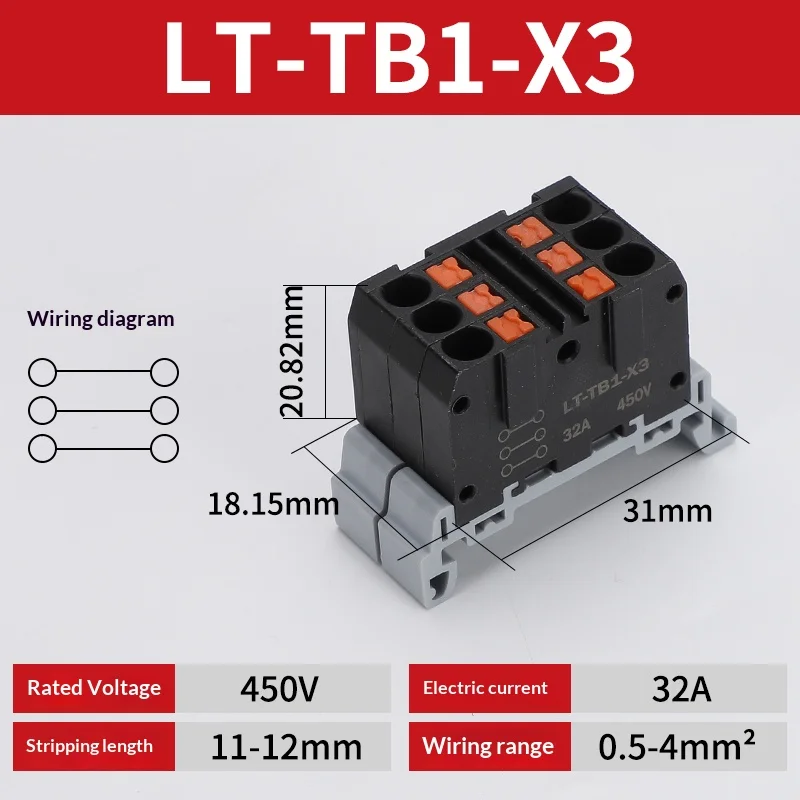 Push-in-Klemmenblock, Mehrfach-Ein- und Ausgangsklemme, Schnellverbindung von Drähten, DIN-Schienen-Kabelverbinder, Universelle Anschlussdose TB1-X6D