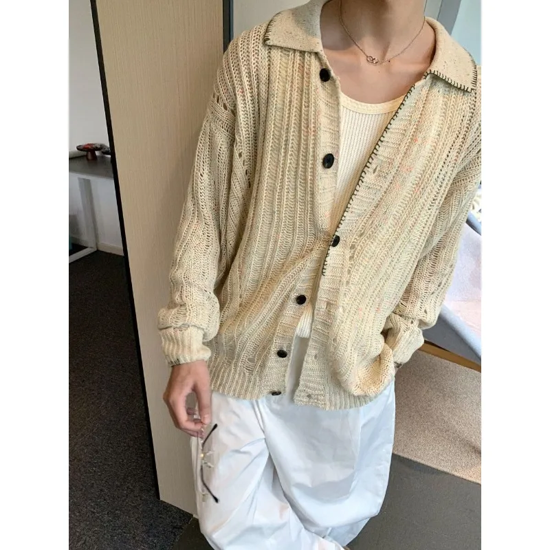 Japanese Lazy Style Knitted Cardigan Sweater for Men's Spring Turn-down Collar Long Sleeve Hollow Simple Coat Loose Casual Tops