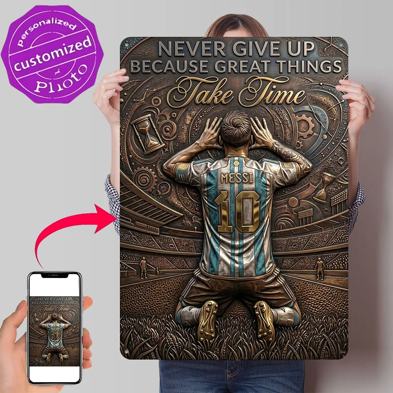 Messi Never Give Up Inspirational Art Personalized 3D Textured Metal Poster Wall Art Vintage Tin Signs for Home Decor Ornaments