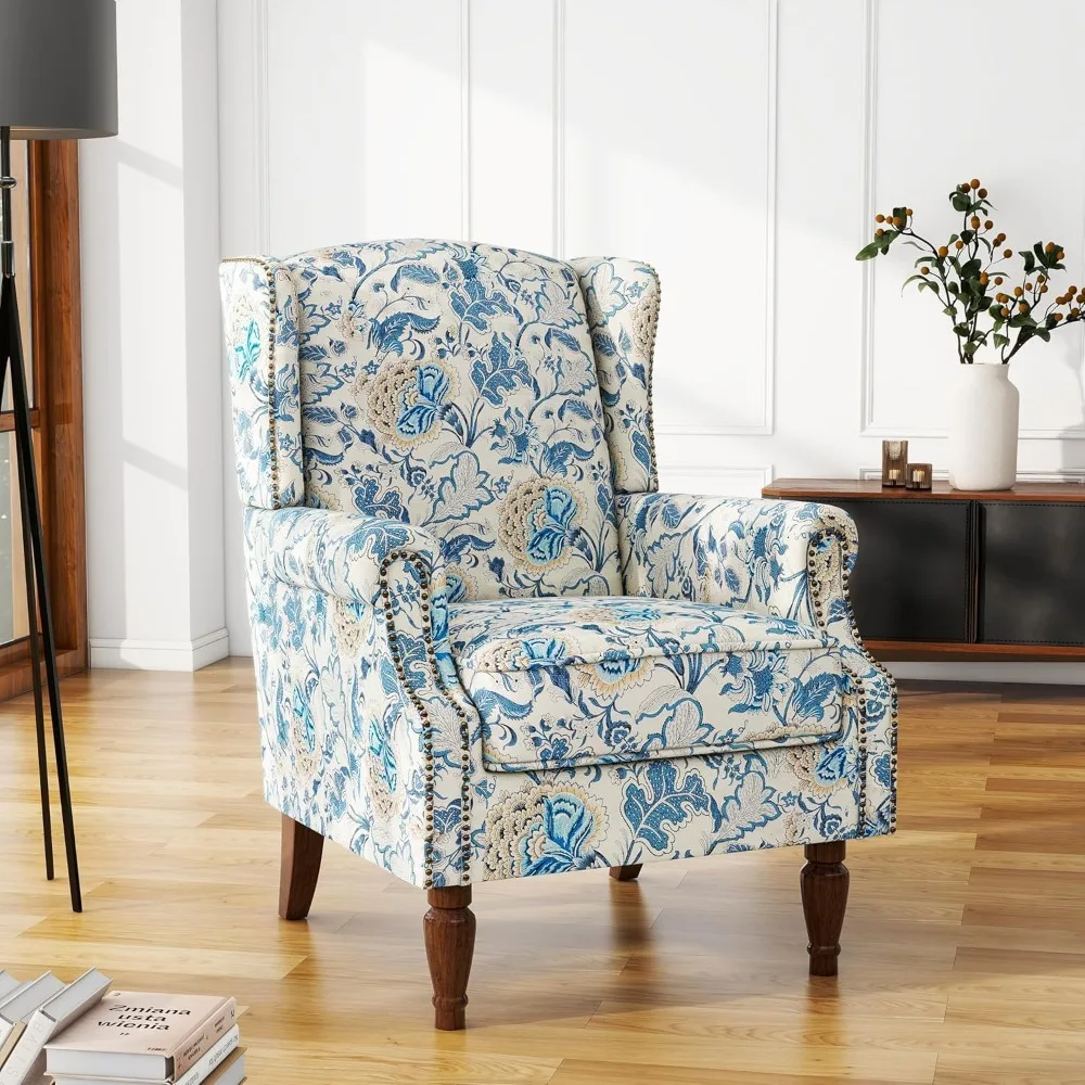 

High Back Floral Accent Chair, Fabric Upholstered Armchair for Living Room, Retro Printed Wingback Arm Chair Nailhead Trim Sing