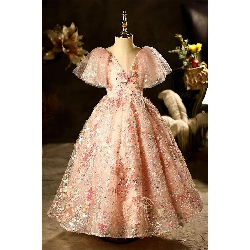 Kids Princess Dress For Girls Flower Sequin Lace Christening Gown Kids Clothes Elegant Party Wedding Costumes Birthday Clothing