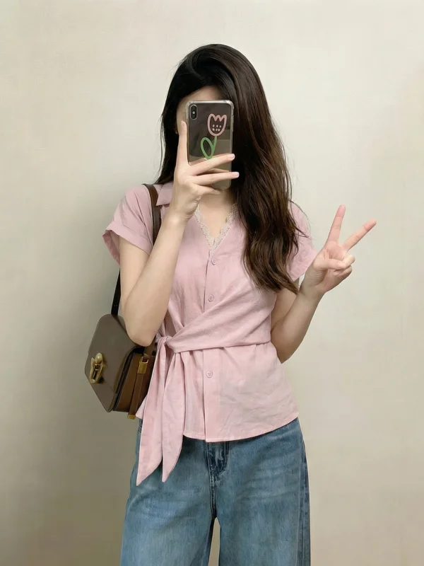 

Pink Lace Trim V-Neck Short Sleeve Shirt Women's Summer New Style plus Size Belted Waist Tie Unusual Top Korean Style Commute