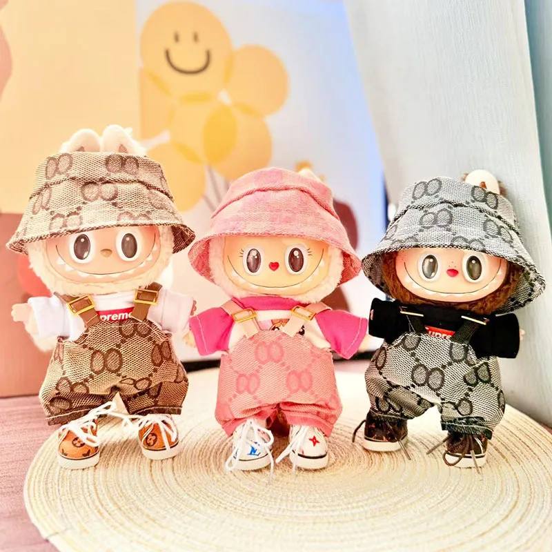 

For 17cm Labubu Doll Clothing Luxury Overalls Pants Hat Set Bow Headband Dress V1 V2 V3 Labubu Outfit Set DIY Doll Accessories