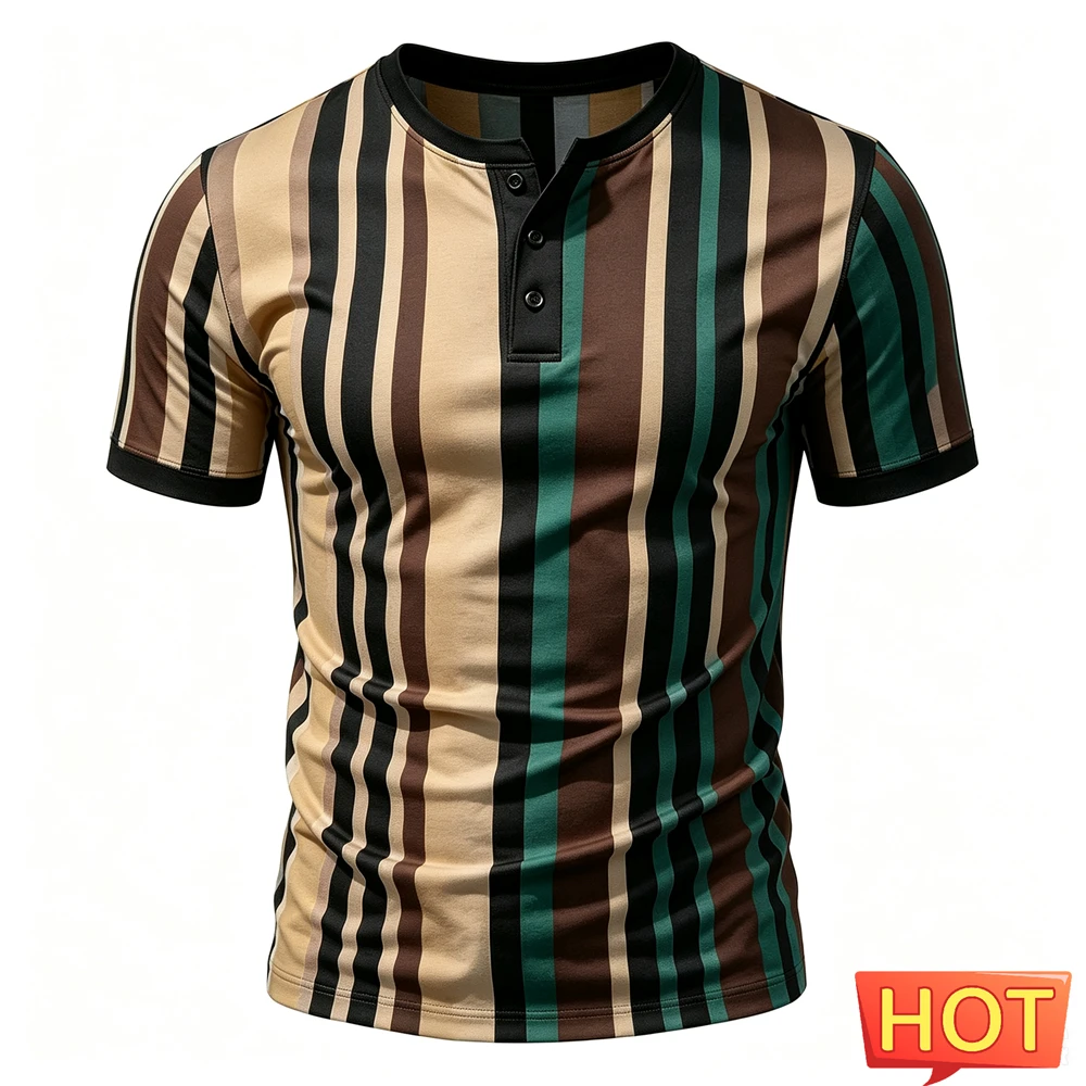 Funny Stripe Print Men's Henry Shirt Summer Casual Simple Button Tops Fashion Henry Collar Short Sleeve Tee Hip Hop Men Clothing view 2