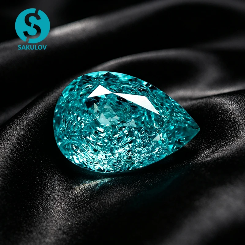 

Lab Grown Paraiba Tourmaline Pear Shape Cracked Ice Cut Gemstone for DIY Jewelry Making AGL Certificate Selectable Material Top