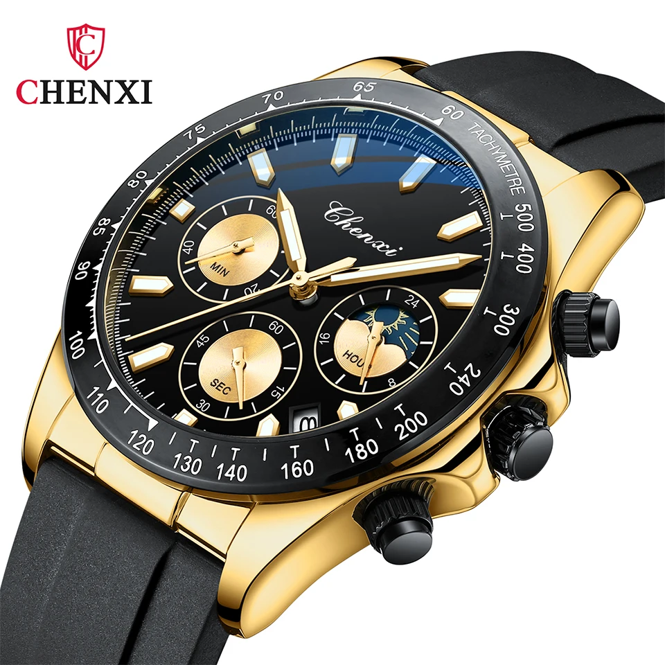 2023 New CHENXI Watches Man Sport Fashion Casual Quartz Wristwatches Waterproof Moon Phase Chronograph Mens Stop Watch Relogios