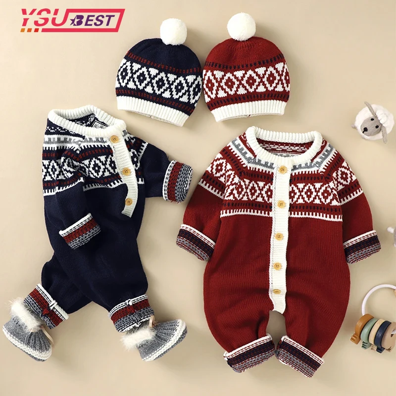 New Christmas Newborn Baby Romper +Hat Knitted Toddler Girls Christmas Kids Clothes One Piece Overall Infant Boy Jumpsuit Outfit