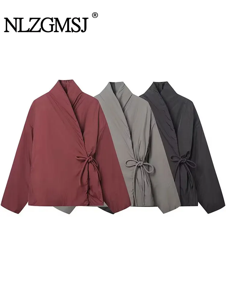 NLZGMSJ Autunno Inverno Casual Cappotto con lacci Donna Cotone con scollo a V Tasca Giacche spesse Donna Chic Street Casual Outwear Top ﻿