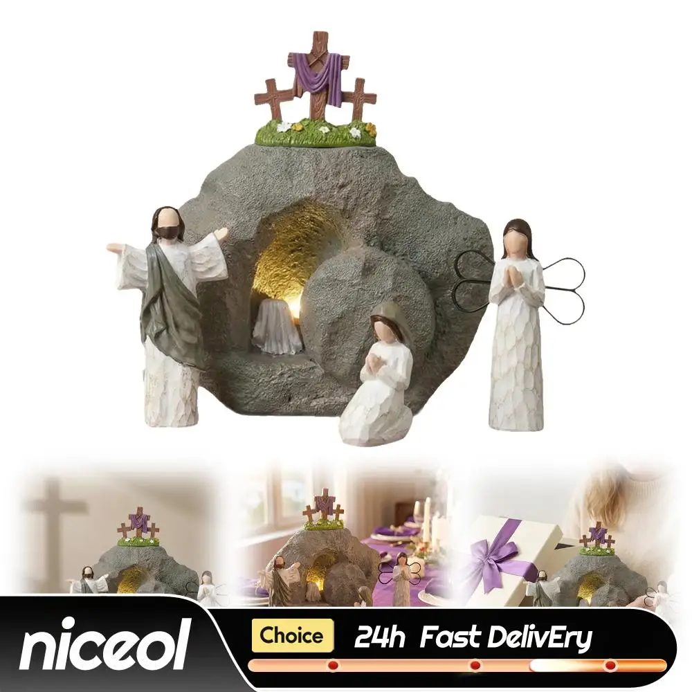 Décor de scène de Pâques Tombe vide avec petites figurines de Jésus, ensemble de la scène de la Résurrection de Pâques pour exposition religieuse, maison, bureau, plateau de table