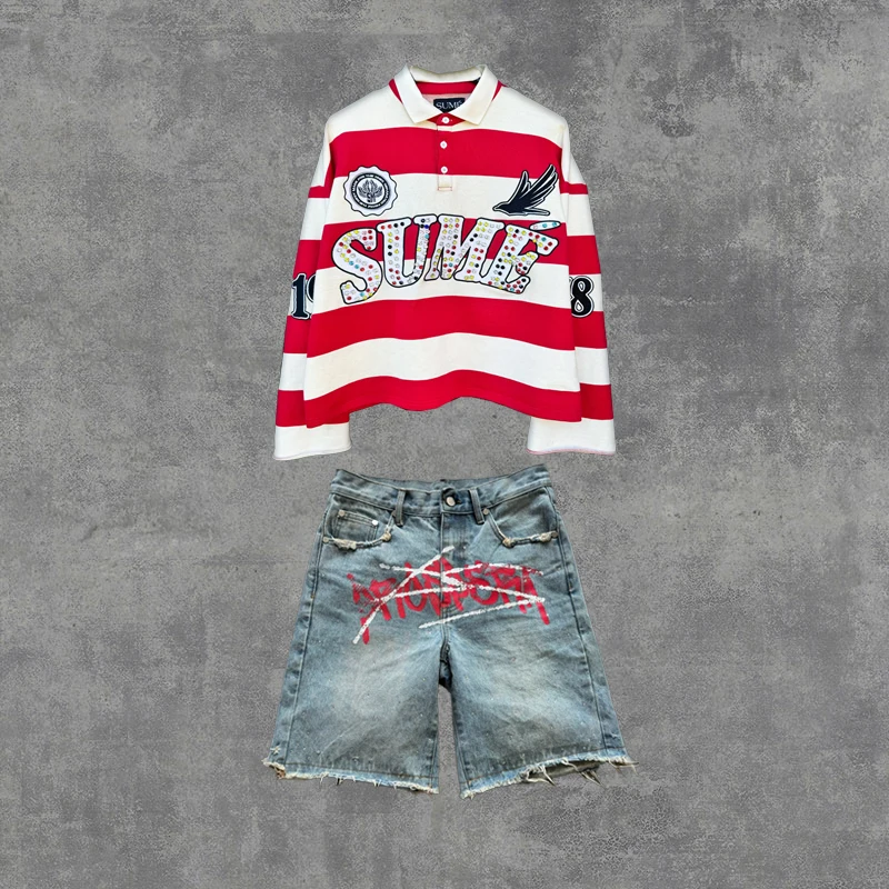2 Pcs Shirts Co-ords Sume Rugby Diamond Embroidery Stripe Polo Shirt Y2K Retro Classic Unisex Oversized Long Sleeved Shirts Sets