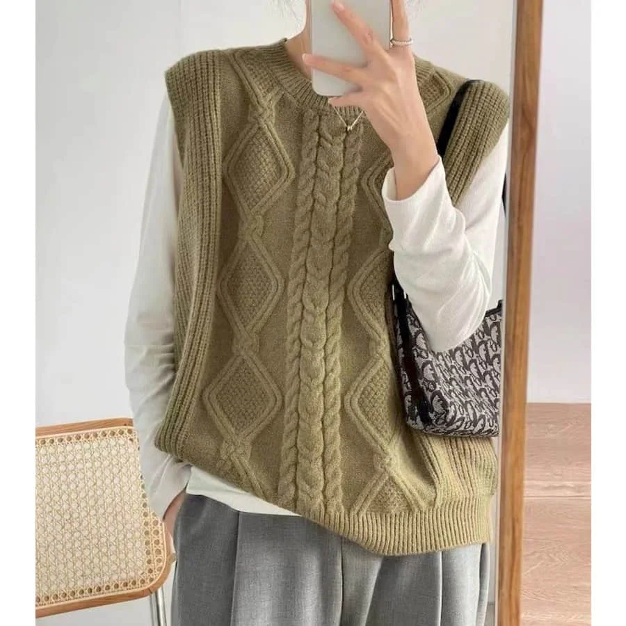 Vintage Sweater Vest for Women O-neck Korean Style Loose Literary Knitted Vest Casual Sleeveless Jackets Aesthetic Women Clothes