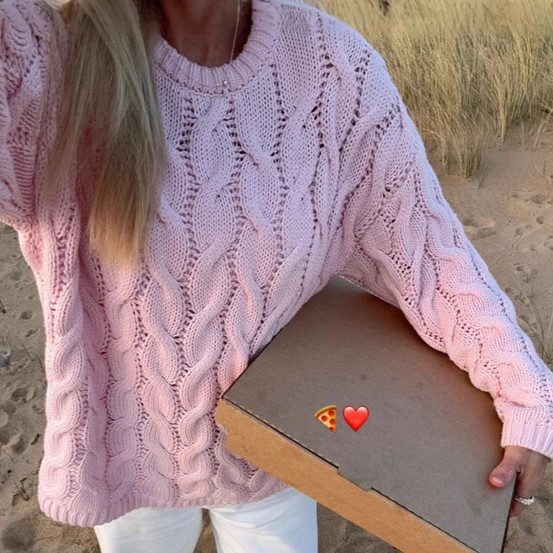

Sweet Kintted Pullover Lady Casual Round Neck Long Sleeve Hollow Out Loose Pullovers Women Daily Commute Street Sweater