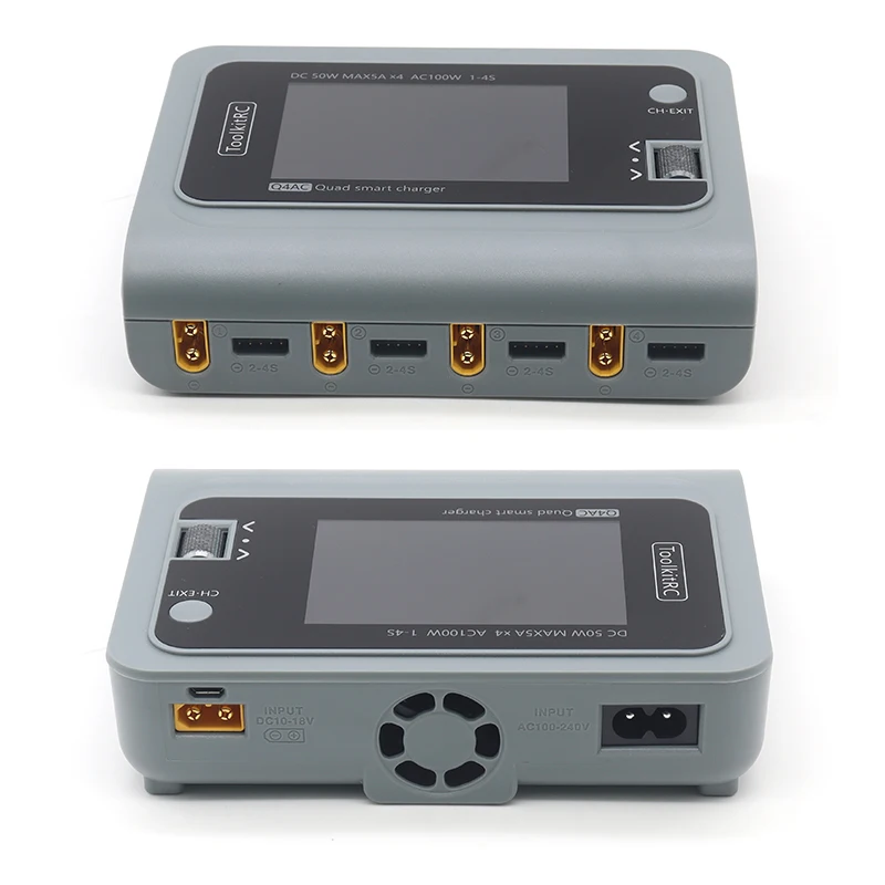 ToolkitRC New Q4AC Grey 4x50W 5A AC 100W 4 Port DC Smart Charger XT60/XT30 Optional for 1-4S Lipo Battery - XT60 XT30 With