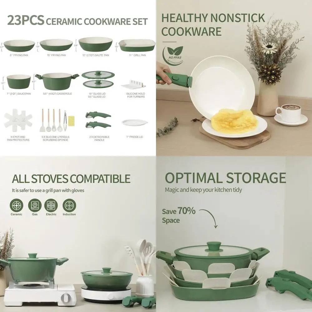

Green 23-Piece Nonstick Detachable Handle Cookware Set, Induction Compatible with Frying Pans & Saucepans, Oven Safe Kitchenware