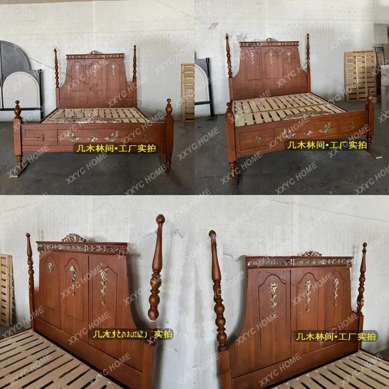XX L retro solid wood carving flower bed classical villa master bedroom high backrest bed