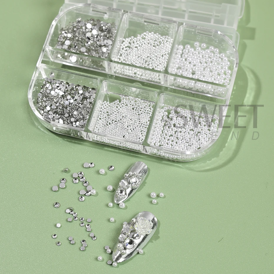 6 Siatka 3D Nail Art Rhinestones White Round Pearl Nail Decoration Charm Steel Beads Gem Stones Biżuteria Części do paznokci Akcesoria