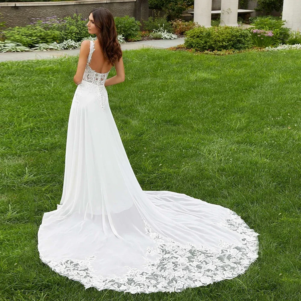 Classic Wide Straps Wedding Dress Boat Neck Sleeveless Bridal Grown A Line Backless Customized Applique Lace Vestidos De Novia