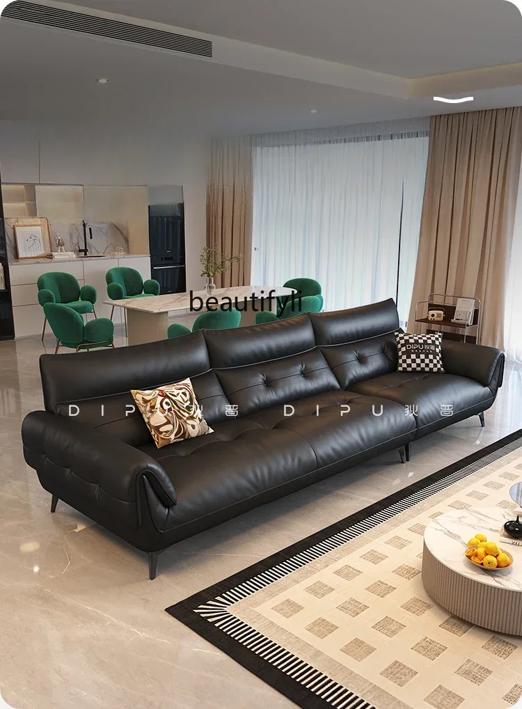 Light luxury simple leather sofa living room first layer cowhide small apartment straight row leather sofa