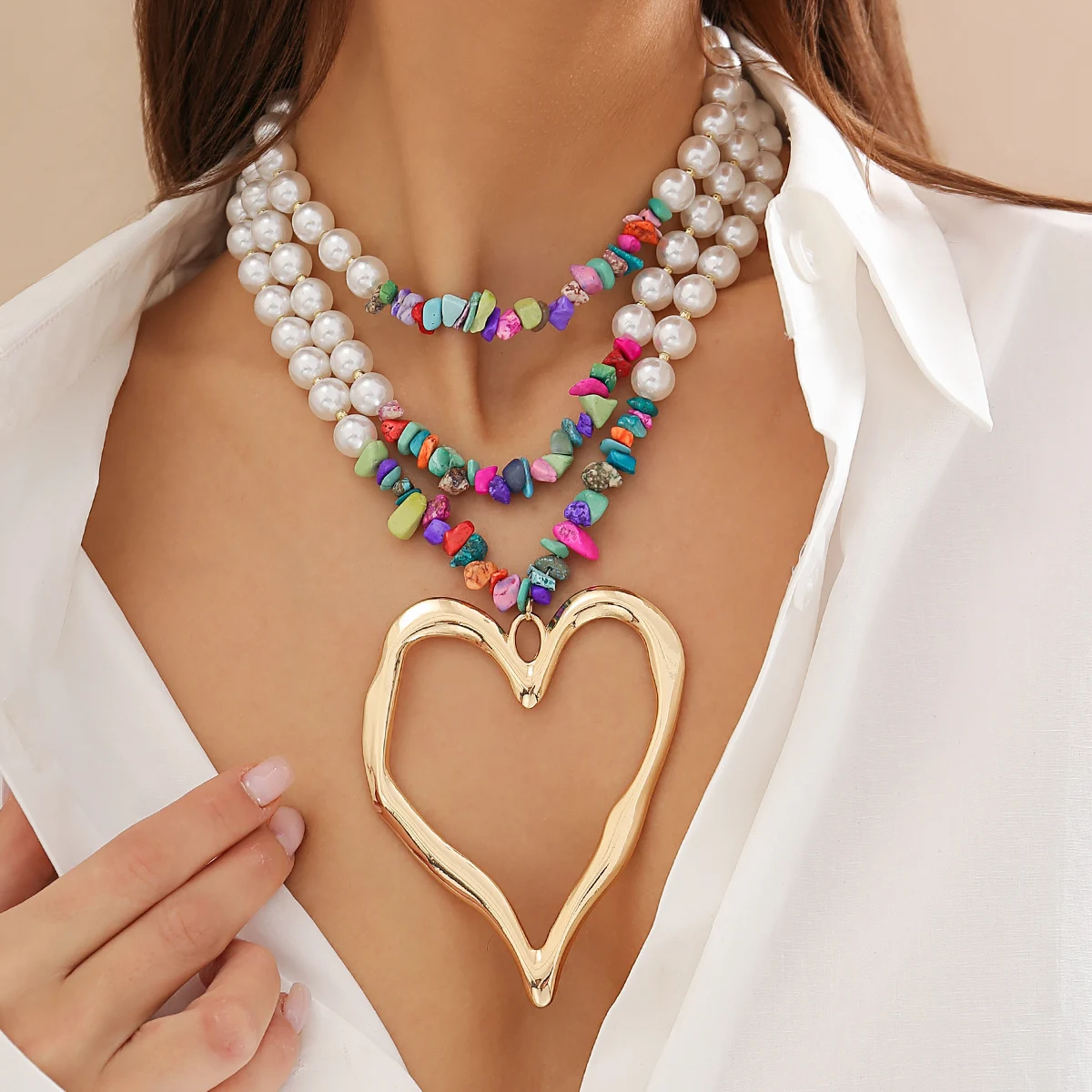 IngeSight.Z Exaggerated Multi-layer Imitation Pearl Large Peach Heart Pendant Necklace Women Bohemian Colored Stone Choker Neck