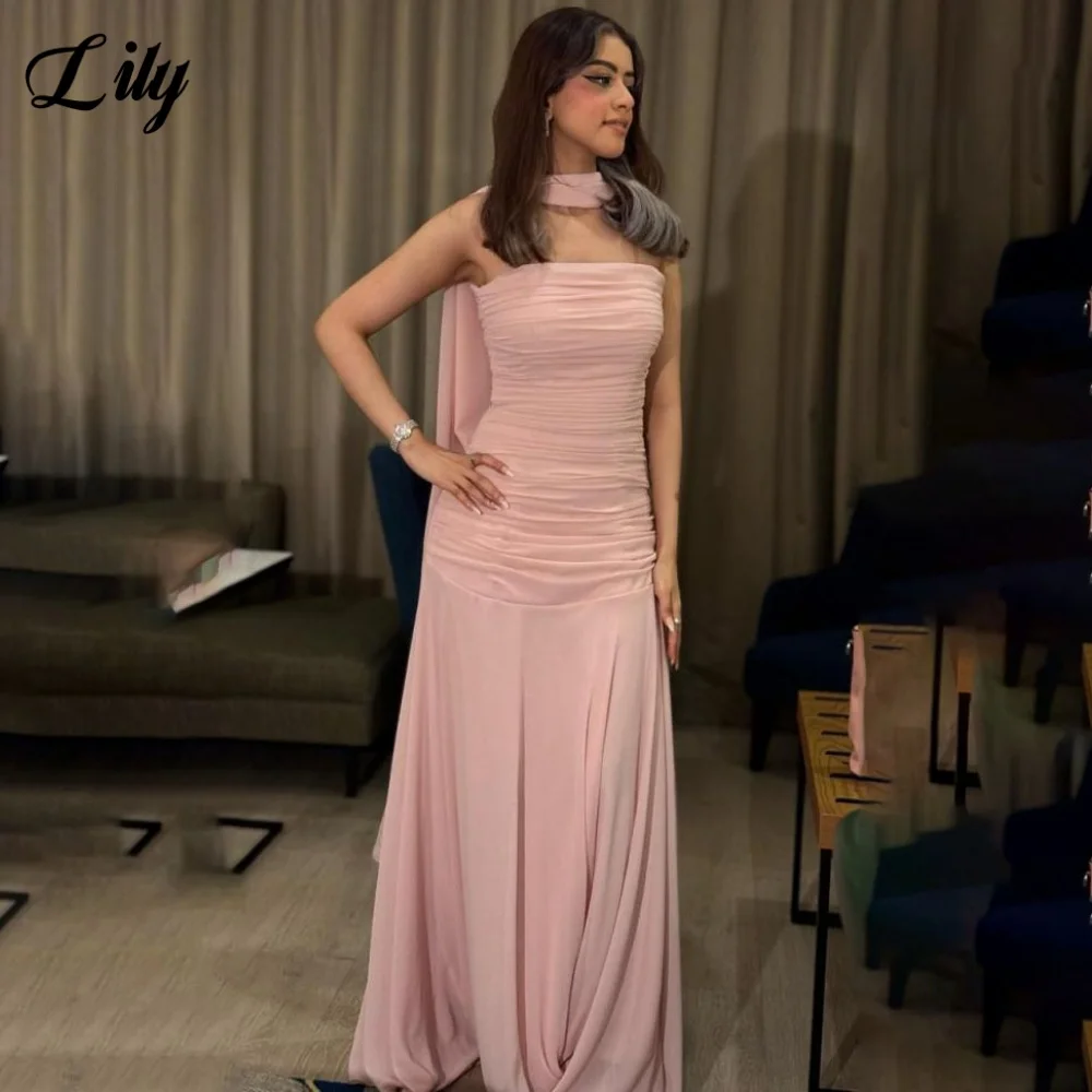 Lily Semplice Blush Abito da sera Abito da ballo senza spalline con sciarpa Pieghe Abito da sera in raso Abiti da soirée senza maniche Personalizzati