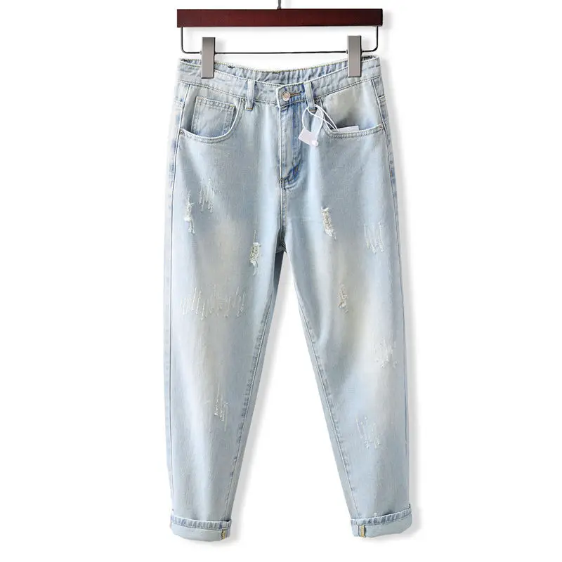 

Spring New Men's Denim Pants Retro Washed Broken Hole Light Color Summer Thin Micro Cone Haren Nine Point Pants