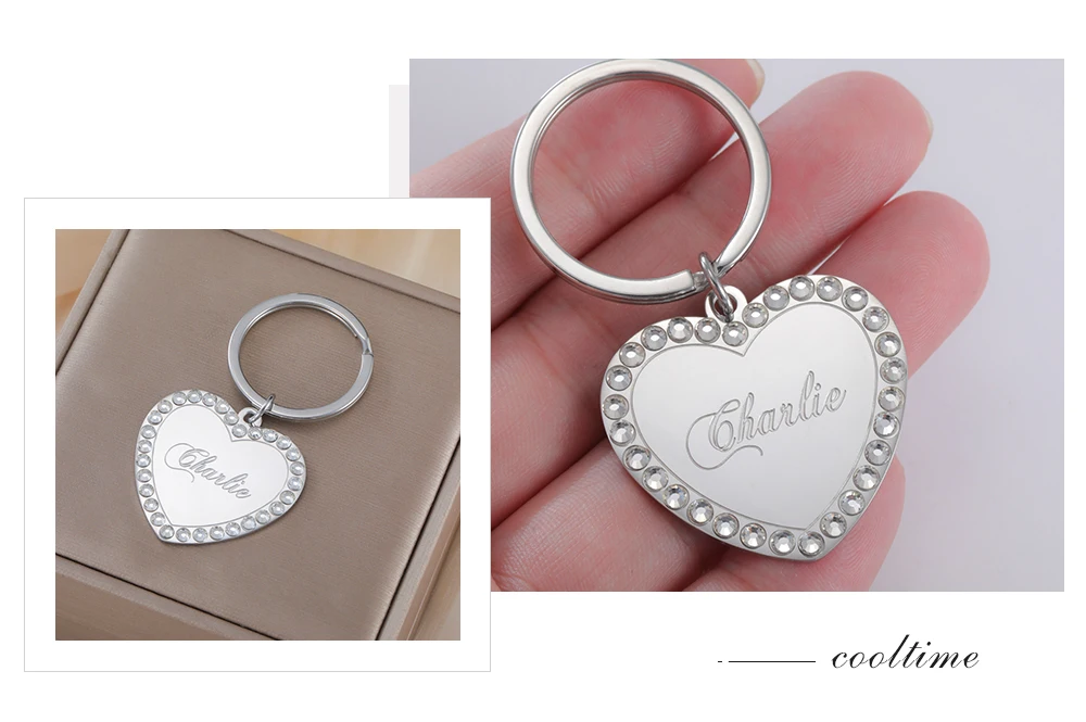 COOLTIME Heart Custom Engraved Keychain Stainless Steel Personalized Love Heart Custom Keychain Jewelry Bag Accessories