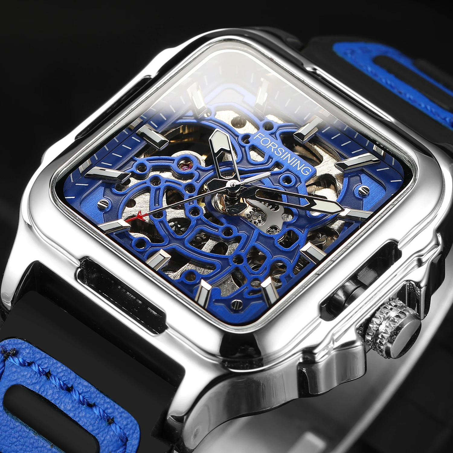 Forsining Original Square Skeleton Mechanical Men Watches Automatic Movement Field Sport Blue Rubber Luxury Replica Male Watch