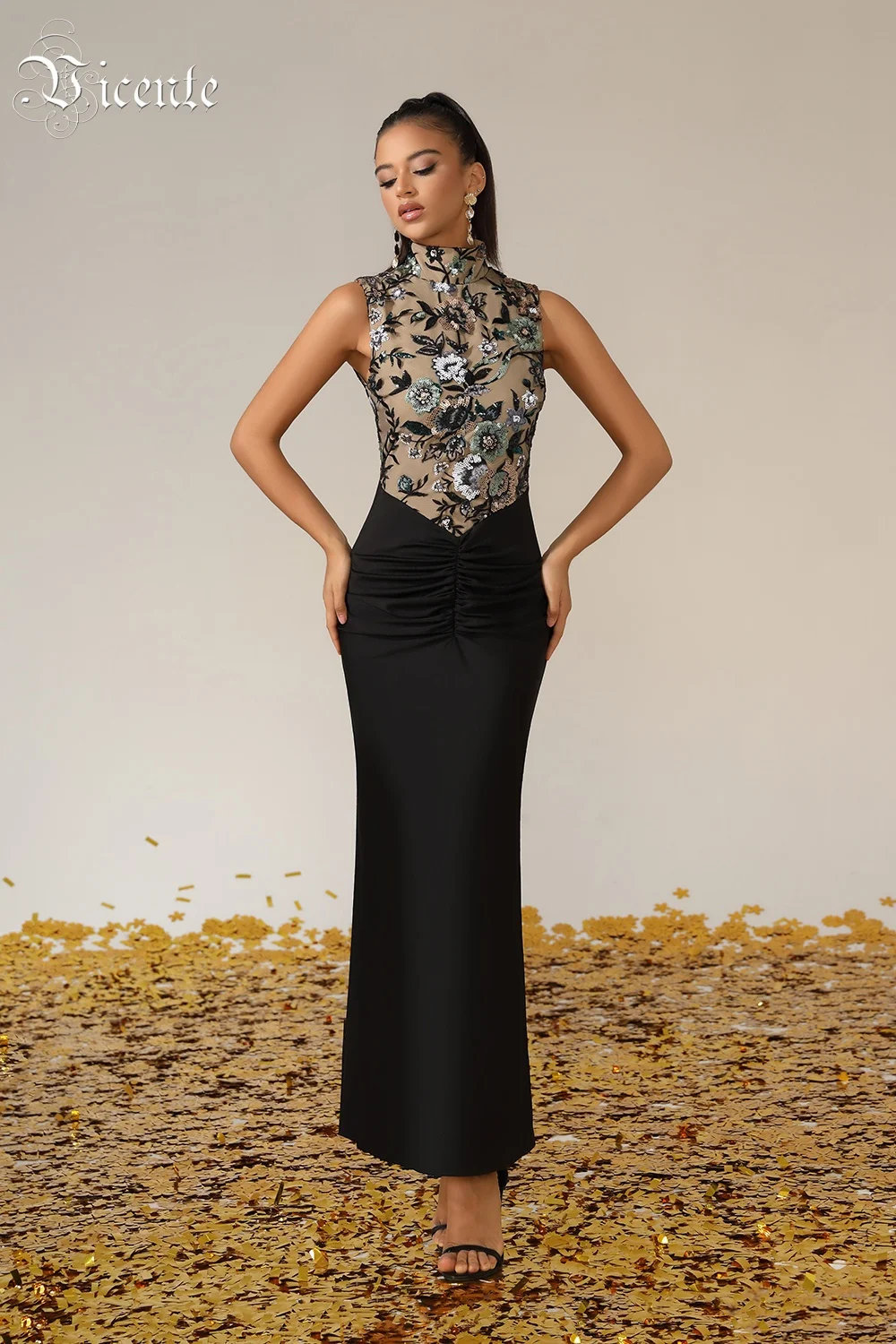 VC Black Sleeveless High Neck Maxi Dress –  Sheer Mesh Gown with Floral Sequin Embroidery for Formal Parties & Weddings