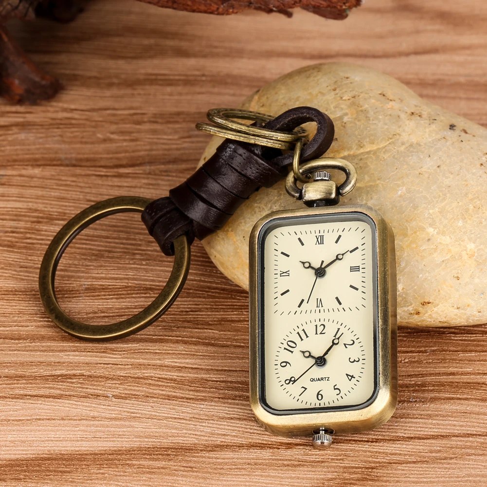 Vintage Cute Rectangle Dual Time Dials Pocket Watch with Keychain/Necklace Pendant Quartz Pocket Clock Gift for Students