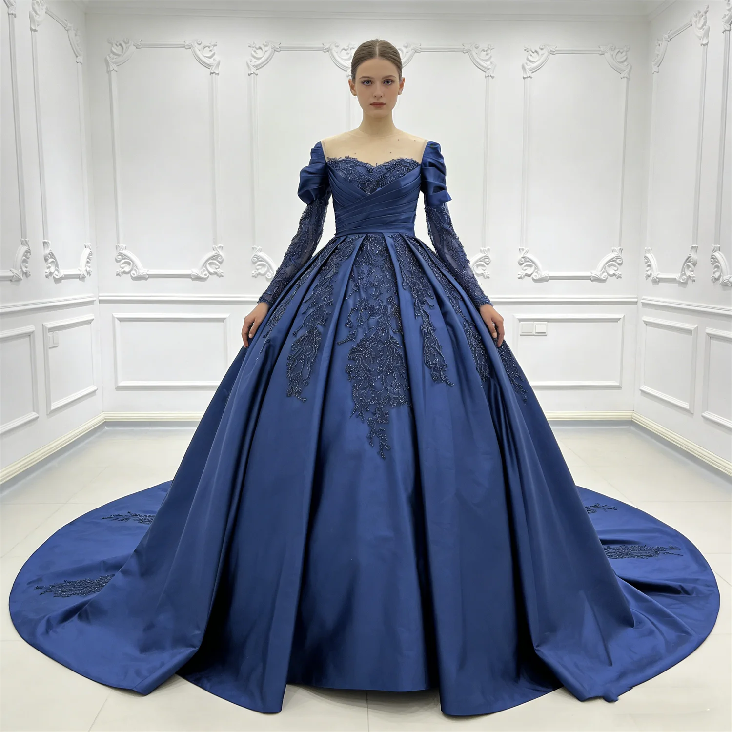 

Роскошное темно-синее вечернее платье с длинными рукавами, прозрачным вырезом, бисерной аппликацией, из атласа, с пышным шлейфом, для выпускного вечера и вечеринок, 2026, на заказ