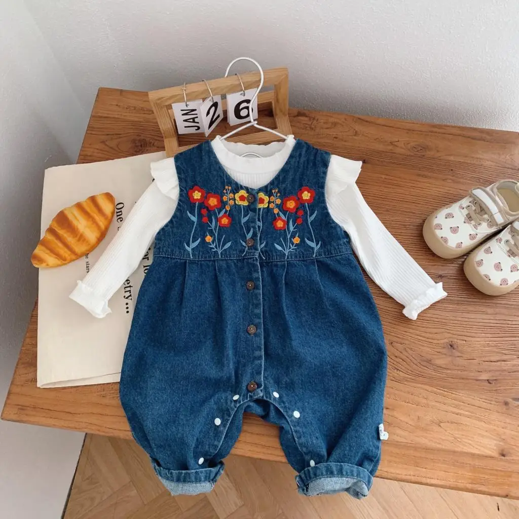 2026 Spring Infant Girls Strappy Jeans Embroidery Floral Denim Jumpsuit Cotton Sleeveless Button Romper Children Girls Outfits